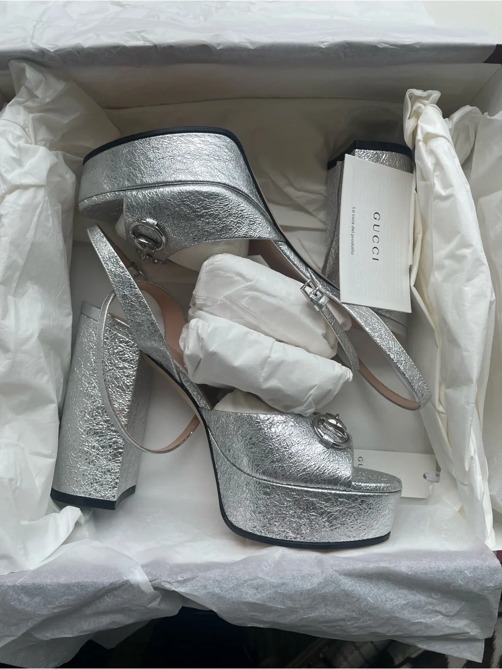 Gucci Silver Metallic Horsebit Platform Sandals - NWT NEVER WORN